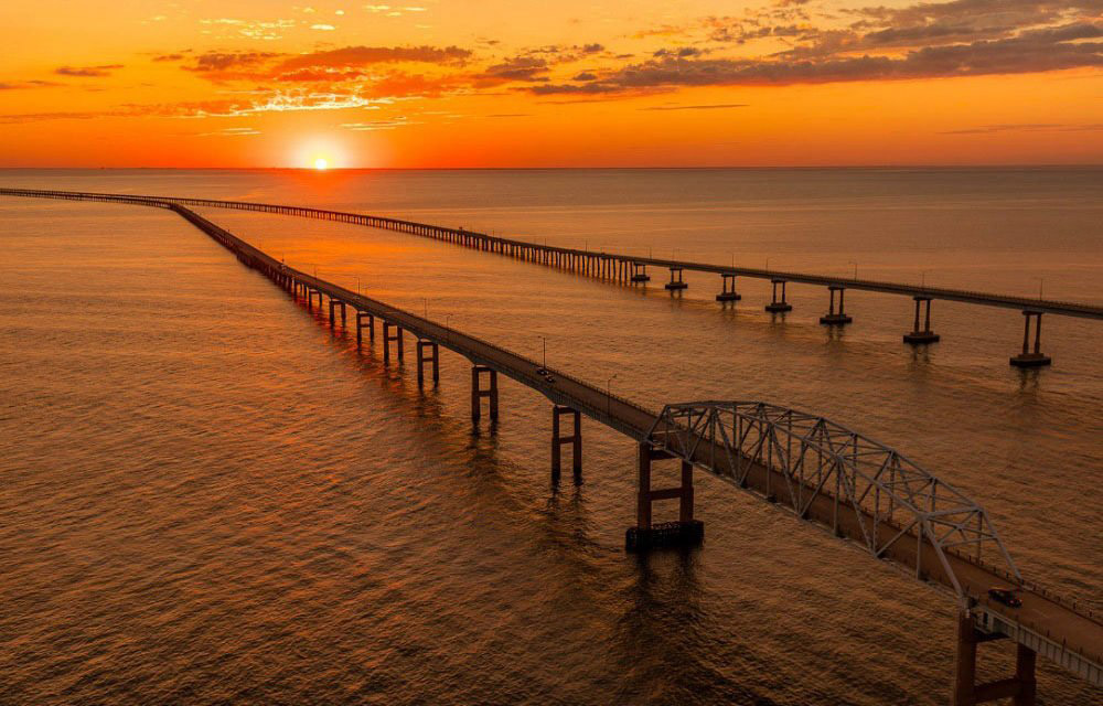 Aerial view of sunset above the CBBT